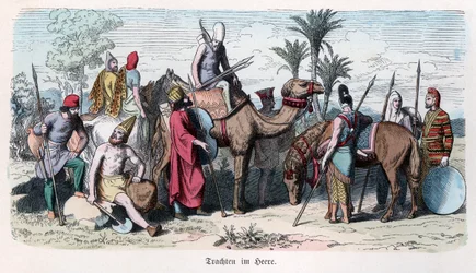 Historia Antigua. Persia. Soldados del ejército persa. Alemán ... (grabado)