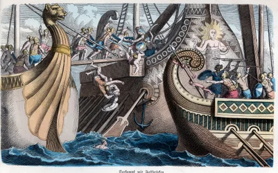 Historia Antigua. Roma. Abordaje en una batalla naval ... (grabado)
