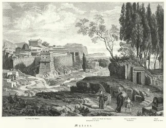 Antigua ciudad de Micenas, Grecia (grabado)
