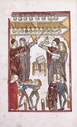 Boticarios y pociones, con dos niños peleando en primer plano, 1491
