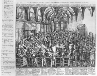 Asamblea de los príncipes más ilustres de Alemania, en el Salón del Obispo, Augsburgo, en presencia de Carlos V el 25 de junio de 1530