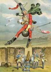 El barón de Münchhausen vuela sobre las líneas enemigas en una bala de cañón, ilustración de una edición alemana de Las aventuras del barón de Münchhausen