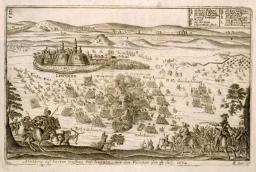 Batalla cerca de la Ciudad de Levice en 1664, ilustración de un libro sobre las campañas otomanas en Europa, grabado por Paul Furst