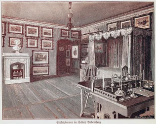 Dormitorio del Kaiser en el Castillo de Babelsberg, grabado, Alemania