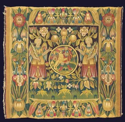 Panel de tapiz bíblico que representa a Sansón y el león, posiblemente siglo XVII, norte de Alemania, Schleswig Holstein o Hamburgo