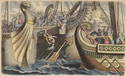 Abordaje de una galera durante una batalla naval en tiempos romanos