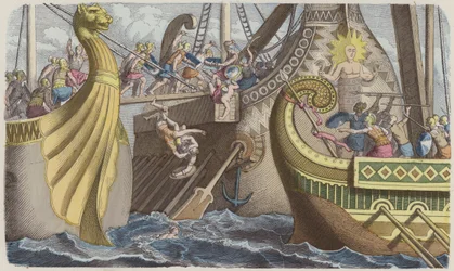 Abordaje de una galera durante una batalla naval en tiempos romanos