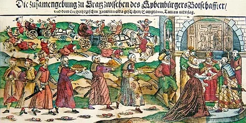 Relato de periódico y ilustraciones del matrimonio por poder en marzo de 1595 de la archiduquesa María Cristina de Austria con el embajador de Sigismund Báthory, Príncipe de Siebenbürgen (Transilvania) y de la Batalla de Călugăreni en agosto de 1595