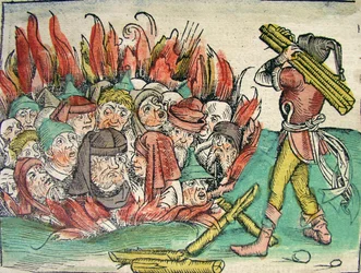 Quema de los judíos, publicado en la Crónica de Núremberg, 1493