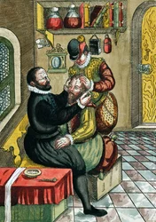 Operación de Cataratas, de Ophthalmodouleia por Georg Bartisch (1535-1636) publicado en Dresde en 1583 (xilografía en color)