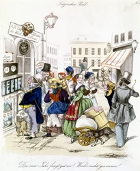 Personajes informando resultados de lotería, Alemania