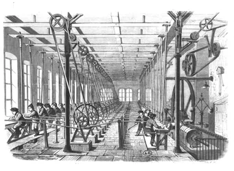 Niños trabajadores en la fábrica de papel en Aschaffenburg, Alemania, 1858