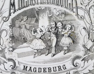 Escena de danza infantil, detalle de la portada de la colección de música y danzas para niños publicada en Magdeburg. Alemania