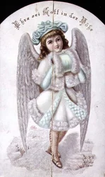 Tarjeta de Navidad de un ángel con un manguito, alemán, c.1880