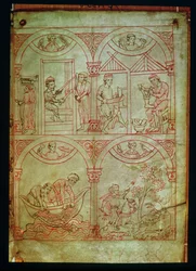 Codex 507 fol.2r Tejedor, Zapatero, Pescadores y Cazador, del Renner Musterbuch, c.1208-18