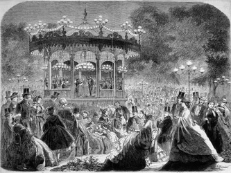 Concierto en el quiosco de música de los Campos Elíseos, grabado alemán c. 1861