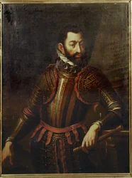 Conde Adolf Schwarzenberg que reconquistó la fortaleza de Gyoer (Hungría) a los turcos en 1594 ...