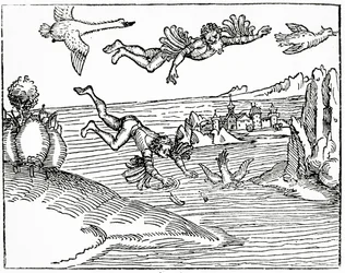 Dédalo, escapando de Creta con su hijo Ícaro, lo ve caer hacia su muerte, 1493