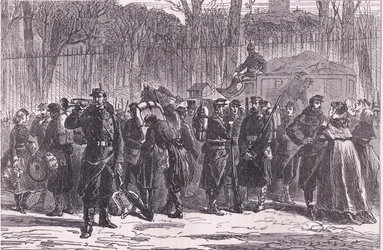 Partida del Décimo Regimiento de la Guardia Nacional hacia los puestos avanzados, Historia de la guerra entre Francia y Alemania de Cassell, publicada por Cassell and Company Limited, hacia 1890