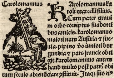(detalle) de una hoja incunable original, representando a Carlomagno, antes de 1500