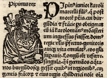 (detalle) de una hoja incunable original, representando a Pipino I, antes de 1500