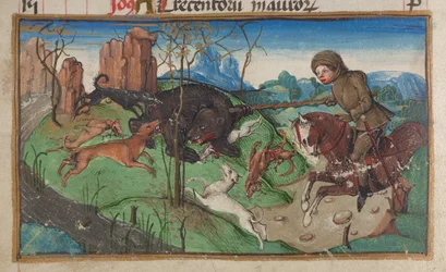 Detalle de una miniatura de un noble dedicado a la caza de osos, de la página del calendario de octubre, c. 1475-1485