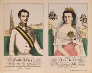 Doble retrato del emperador Francisco José I de Austria y la emperatriz Isabel, de Neuruppiner Bilderbogen, 1854