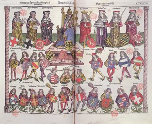 Emperador y electores del Sacro Imperio Romano con veinticuatro nobles alemanes presentando sus escudos de armas