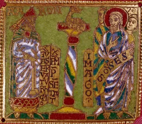 Placa esmaltada que representa a los profetas Aarón y Moisés. Escuela renana. Siglo XII. Florencia, Museo Nazionale del Bargello