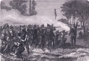 Encuentro en el bosque antes de Metz, Cassells History of the War between France and Germany publicado por Cassell and Company Limited, c.1890