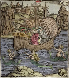 Eneida de Virgilio (70 a.C.-19 a.C.), los héroes troyanos Eneas y sus compañeros cruzan un mar lleno de sirenas. Xilografía de Sebastian Brant (1458-1521). Estrasburgo