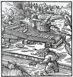 Grabado de De re metallica (Sobre la naturaleza de los metales), por Georg Pawer o Georgius Agricola