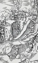 Grabado de De re metallica (Sobre la naturaleza de los metales), por Georg Pawer o Georgius Agricola (1494-1555), publicado en Basilea