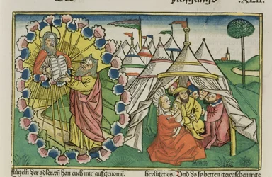 Éxodo 20:1-5 Moisés recibiendo los Diez Mandamientos, de la Biblia de Núremberg (Biblia Sacra Germanaica)