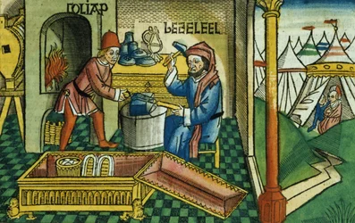 Éxodo 31:2-8 Bezalel y Oholiab haciendo el Arca de la Alianza, de la Biblia de Núremberg (Biblia Sacra Germanaica)
