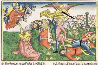 Éxodo 32:15-23 Moisés rompiendo las tablas de piedra, de la Biblia de Núremberg (Biblia Sacra Germanaica)
