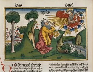 Éxodo 34:1-10 Moisés recibe las segundas tablas con los Diez Mandamientos, de la Biblia de Núremberg (Biblia Sacra Germanaica)