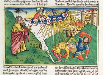 Éxodo 9 13-35 Las siete plagas de Egipto: Moisés y la plaga del granizo y el rayo, de la "Biblia de Nuremberg (Biblia Sacra Germanaica)" (xilografía coloreada)