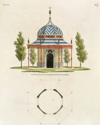 Exterior de un Templo de Jardín Chino, de Recent New Ideas for the Garden, publicado 1779