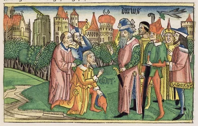 Esdras 6:16 El Templo de Jerusalén es dedicado por el Rey Darío, de la Biblia de Núremberg (Biblia Sacra Germanaica)