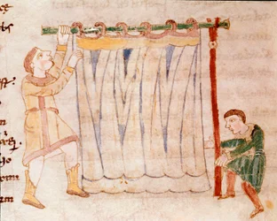 Trabajo de tejido. Miniatura del manuscrito De Universo o De rerum naturis de Rabanus Maurus Magnentius. Siglo IX. Archivo de la Abadía de Monte Cassino