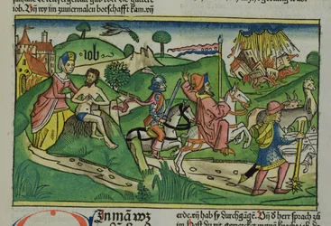 Copia facsímil de Job: Frontispicio, Job siendo reprendido por su esposa, su casa y familia destruidas por un huracán y su ganado robado, de la Biblia de Núremberg (Biblia Sacra Germanaica)