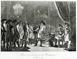 Federico el Grande recibe a su cuñado, Federico, Margrave de Brandeburgo-Bayreuth como masón en Berlín en 1740