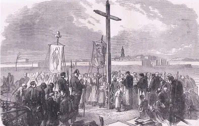 Ceremonia fúnebre sobre soldados franceses muertos durante el asedio de París, Historia de la guerra entre Francia y Alemania de Cassell, publicada por Cassell and Company Limited, c.1890