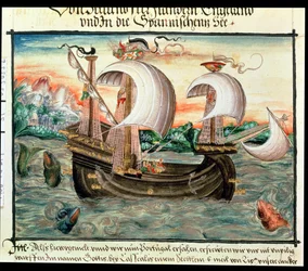 Galeón a toda vela en ruta a Portugal, ilustrado por la familia Color (o Keller) de Nuremberg (vitela)
