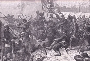 El general von Budretzky liderando el ataque en Le Bourget, Historia de la Guerra entre Francia y Alemania de Cassell, publicada por Cassell and Company Limited, c.1890 (litografía)
