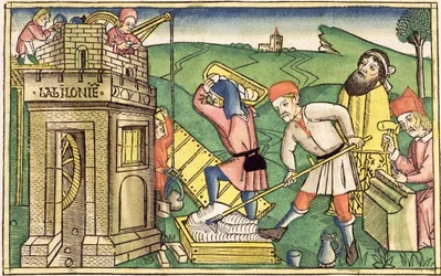 Génesis 11:1-9 Construcción de la Torre de Babel, de la Biblia de Núremberg (Biblia Sacra Germanaica)