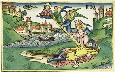 Génesis 28:10 La escalera de Jacob, de la Biblia de Núremberg (Biblia Sacra Germanaica)