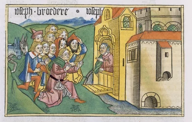 Génesis 42 1-5 Los hermanos de José llegan a Egipto, de la "Biblia de Nuremberg (Biblia Sacra Germanaica)" (xilografía coloreada)