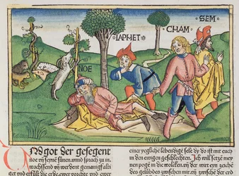 Génesis 9, 20-27: Noé cubierto con un manto por sus hijos Sem, Cam y Jafet, de la Biblia de Núremberg (Biblia Sacra Germanaica), xilografía coloreada